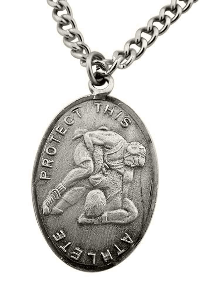 WJH Silver Tone Patron of Sports Saint Sebastian Wrestling Athlete Medal necklaces, 1 Inch