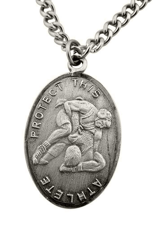 WJH Silver Tone Patron of Sports Saint Sebastian Wrestling Athlete Medal necklaces, 1 Inch