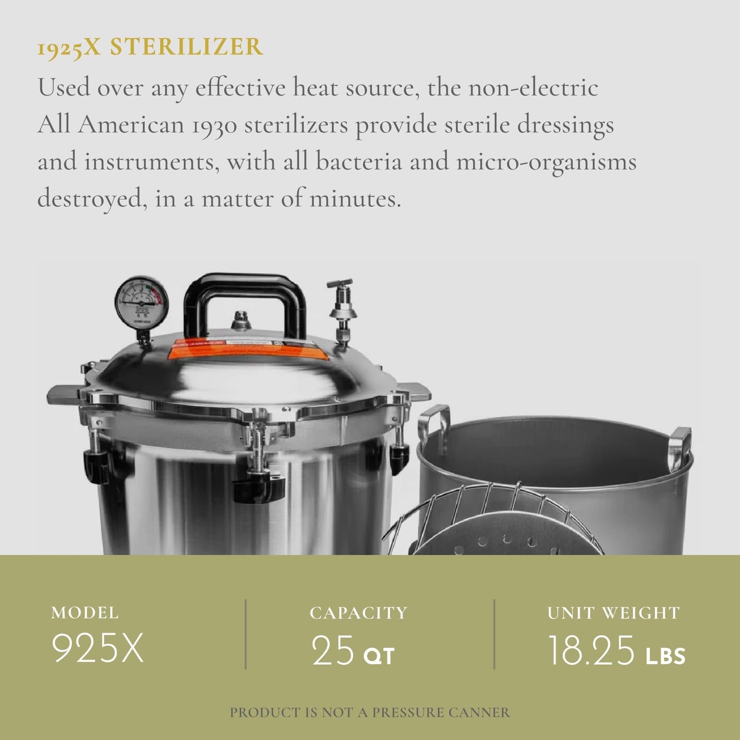 All American 1930 Sterilizer - Suitable for Any Heat Source - Includes Rack - Made in The USA
