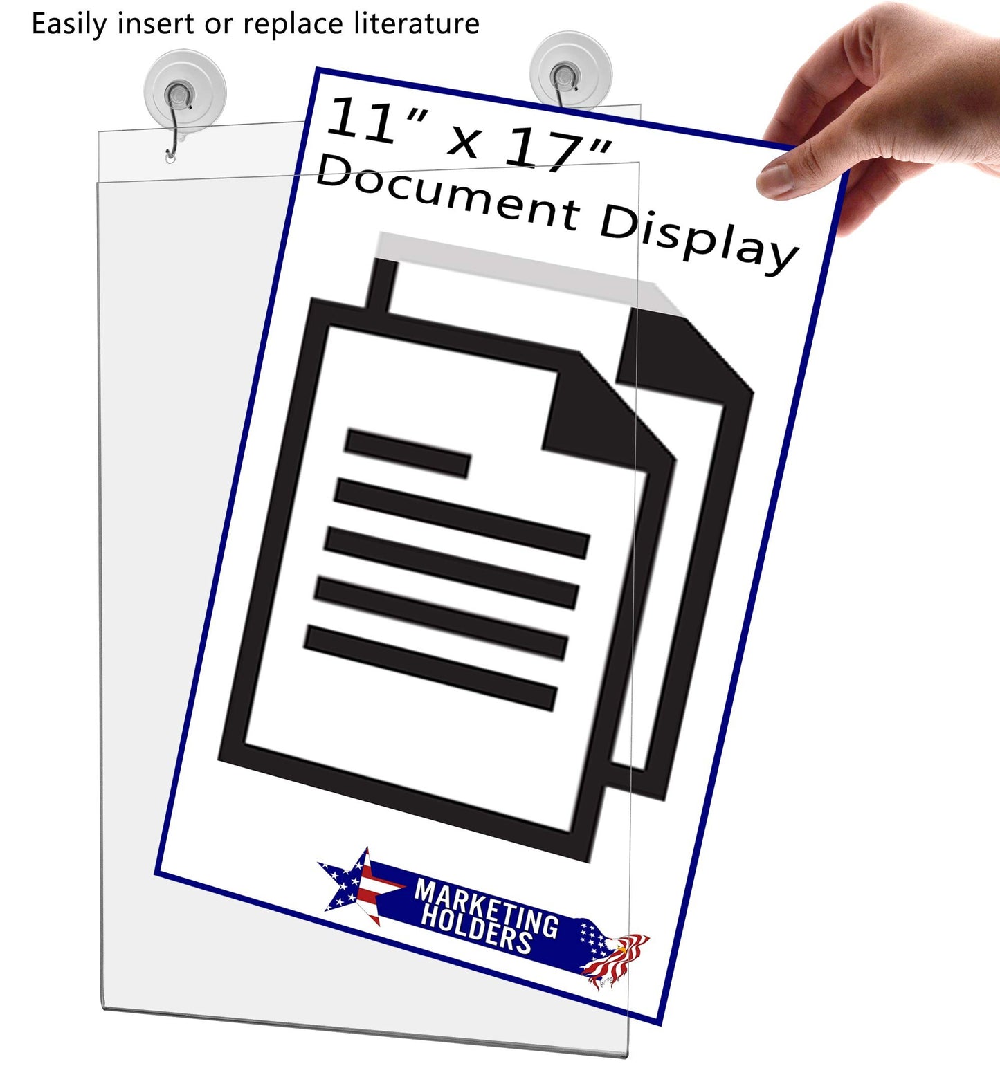 Marketing Holders Window Sign Holder 11" x 17" with 2 Predrilled Holes and Suction Cups with Hooks for Lease or Sale Signs in Real Estate Agencies and Car Dealerships Clear Acrylic