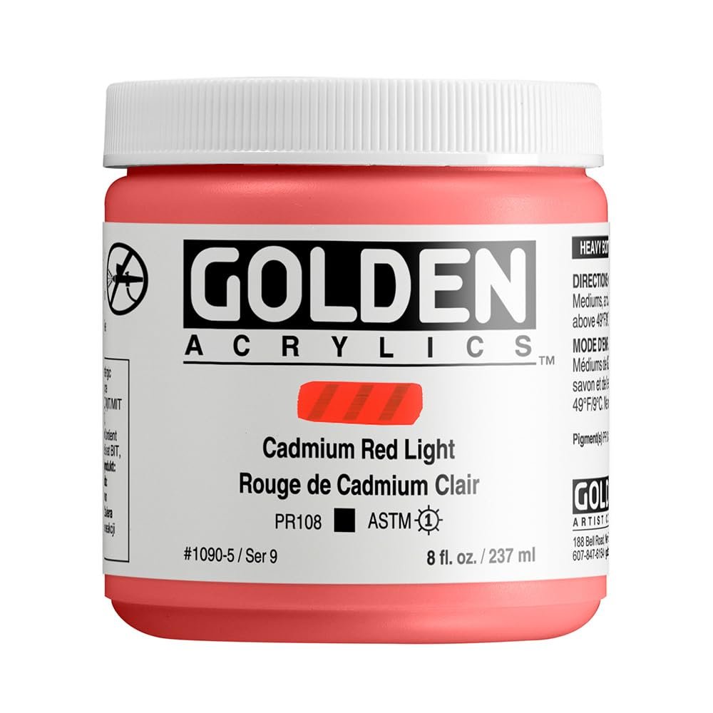 Heavy Body Acrylics by GOLDEN, Cadmium Red Light, 8 fl. oz. Jar, Professional Acrylic Paint, Opaque