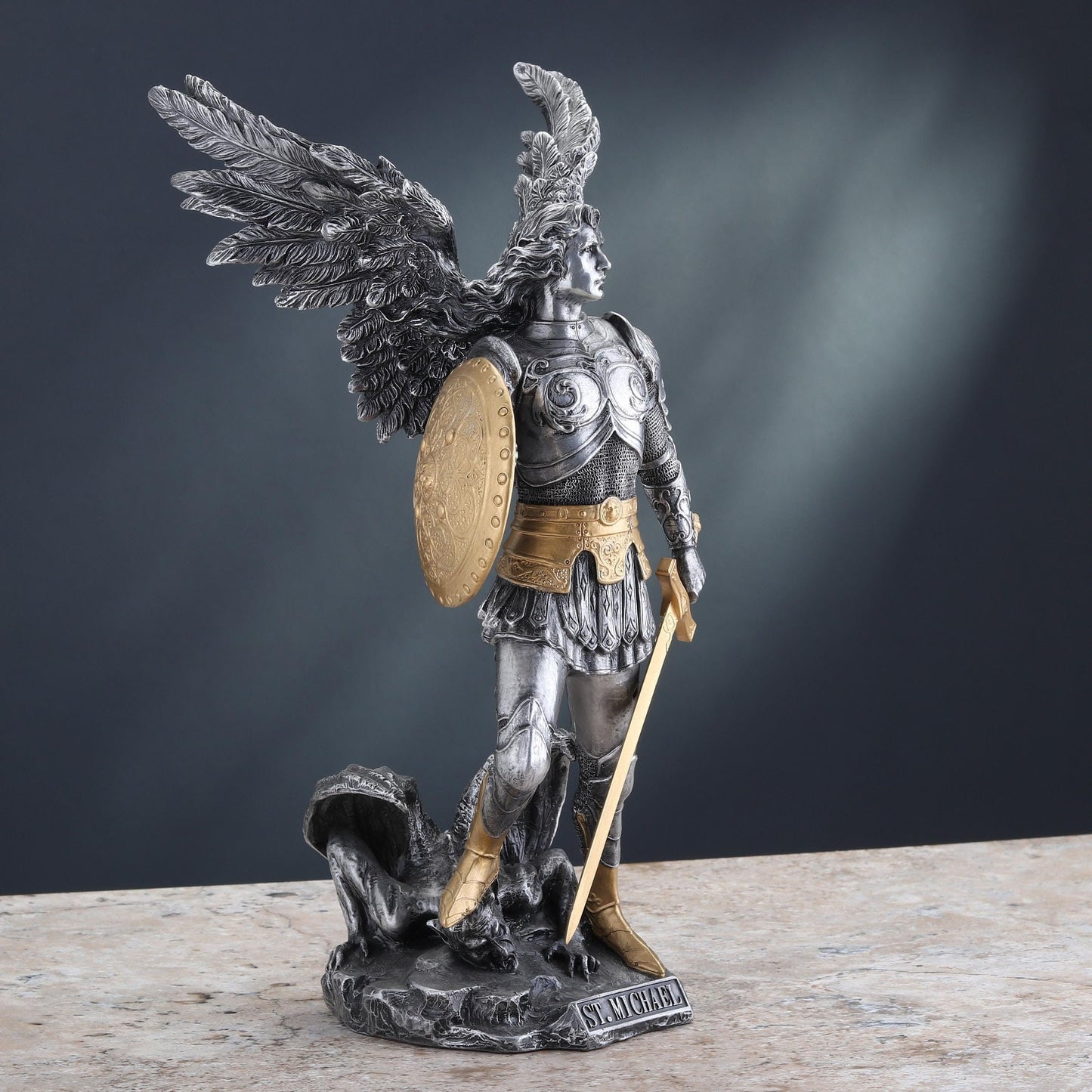 VERONESE 12 3/4 Inch Archangel Saint Michael Cold Cast Resin Statue Pewter Finish Religious Sculpture