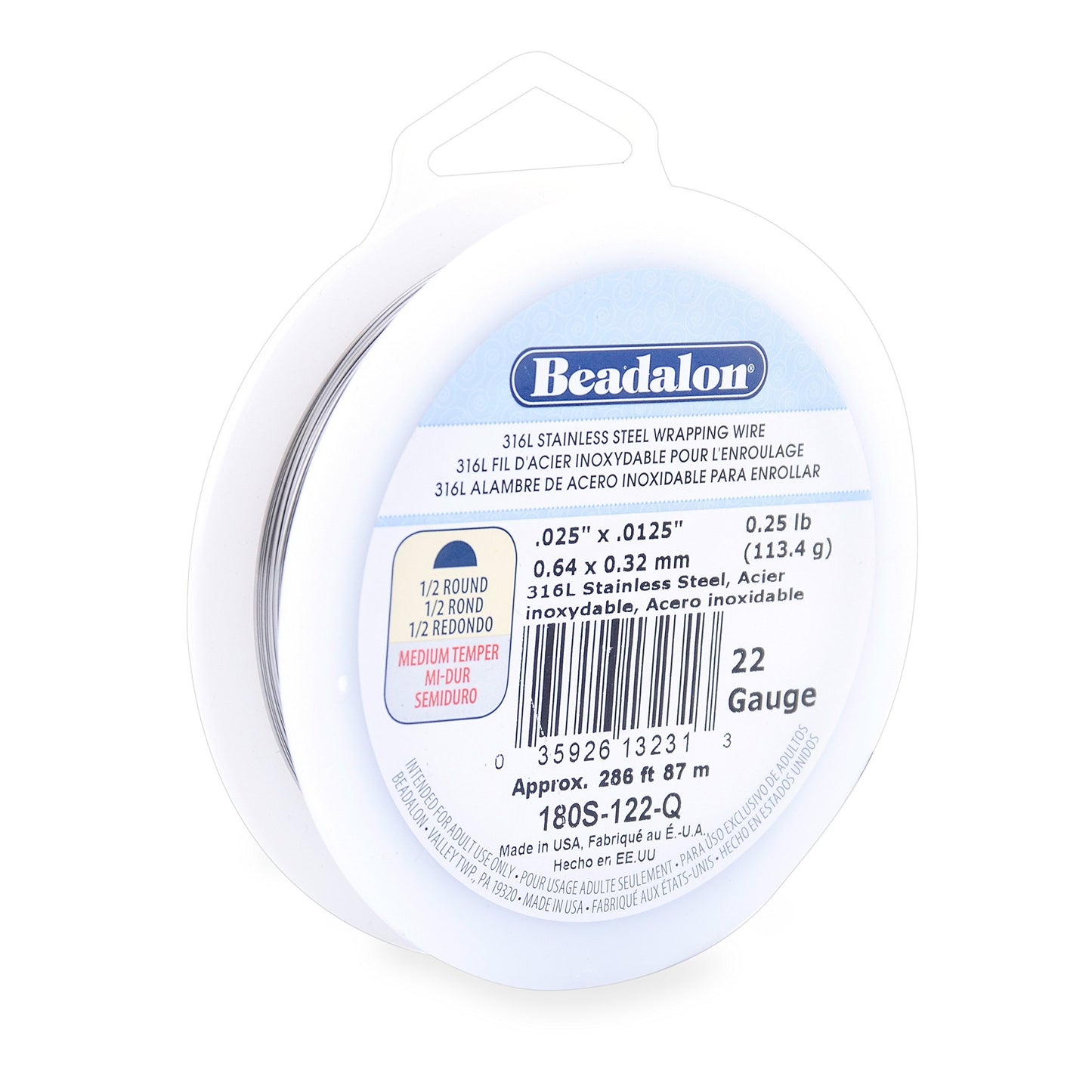 Beadalon 316L Stainless Steel Wrapping Wire, Half Round, 22 Gauge, 286 feet, 1/4 Pound