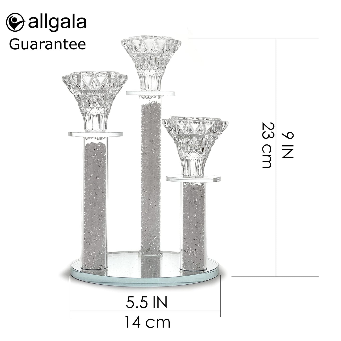 Allgala 9 Inch Tall 3-Pillar Filled with Diamond Like Stone Filled Crystal Candlesticks with Mirror Base