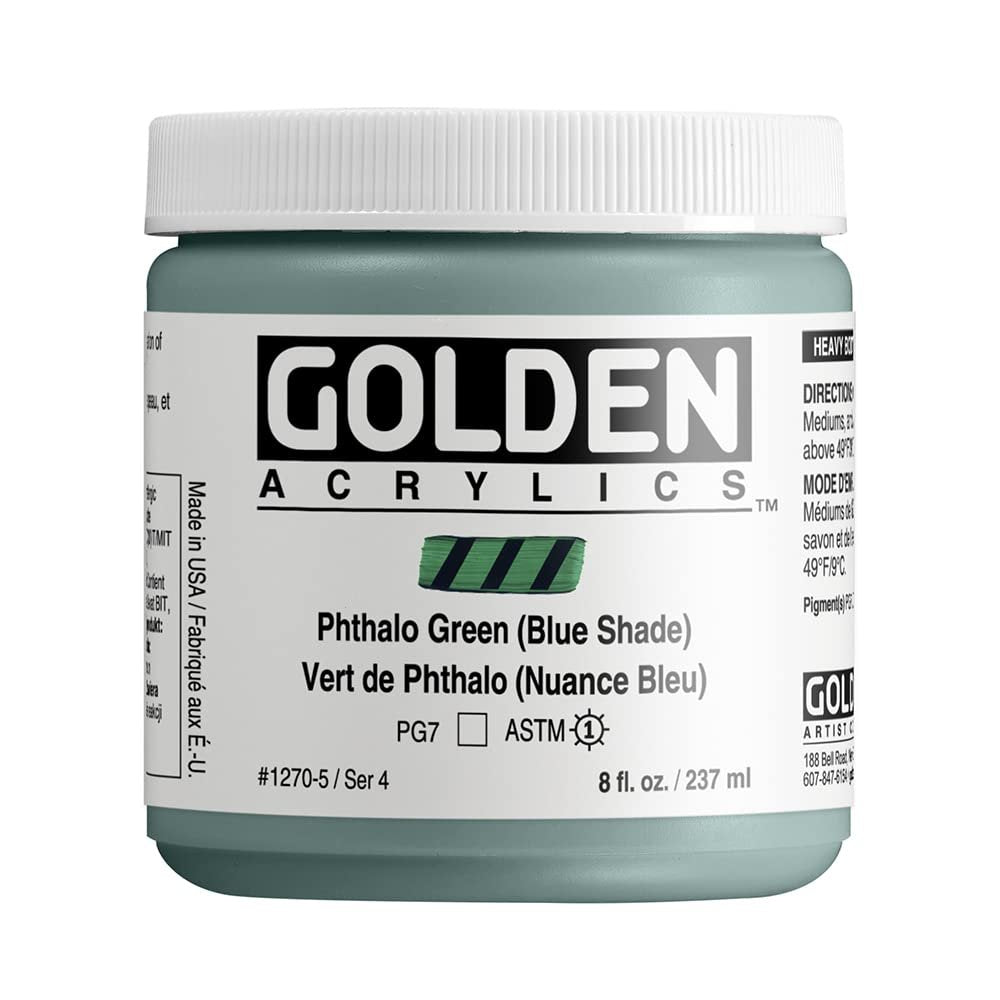 Heavy Body Acrylics by GOLDEN, Phthalo Green (Blue Shade), 8 fl. oz. Jar, Professional Acrylic Paint, Transparent