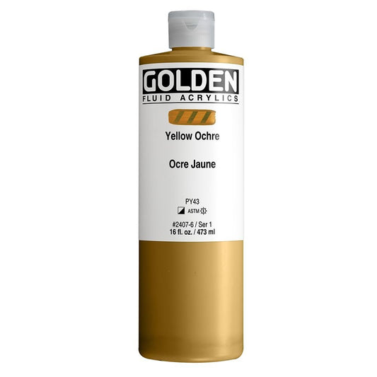 Fluid Acrylics by GOLDEN, Yellow Ochre, 16 fl. oz. Bottle, Professional Acrylic Paint, Semi-Opaque