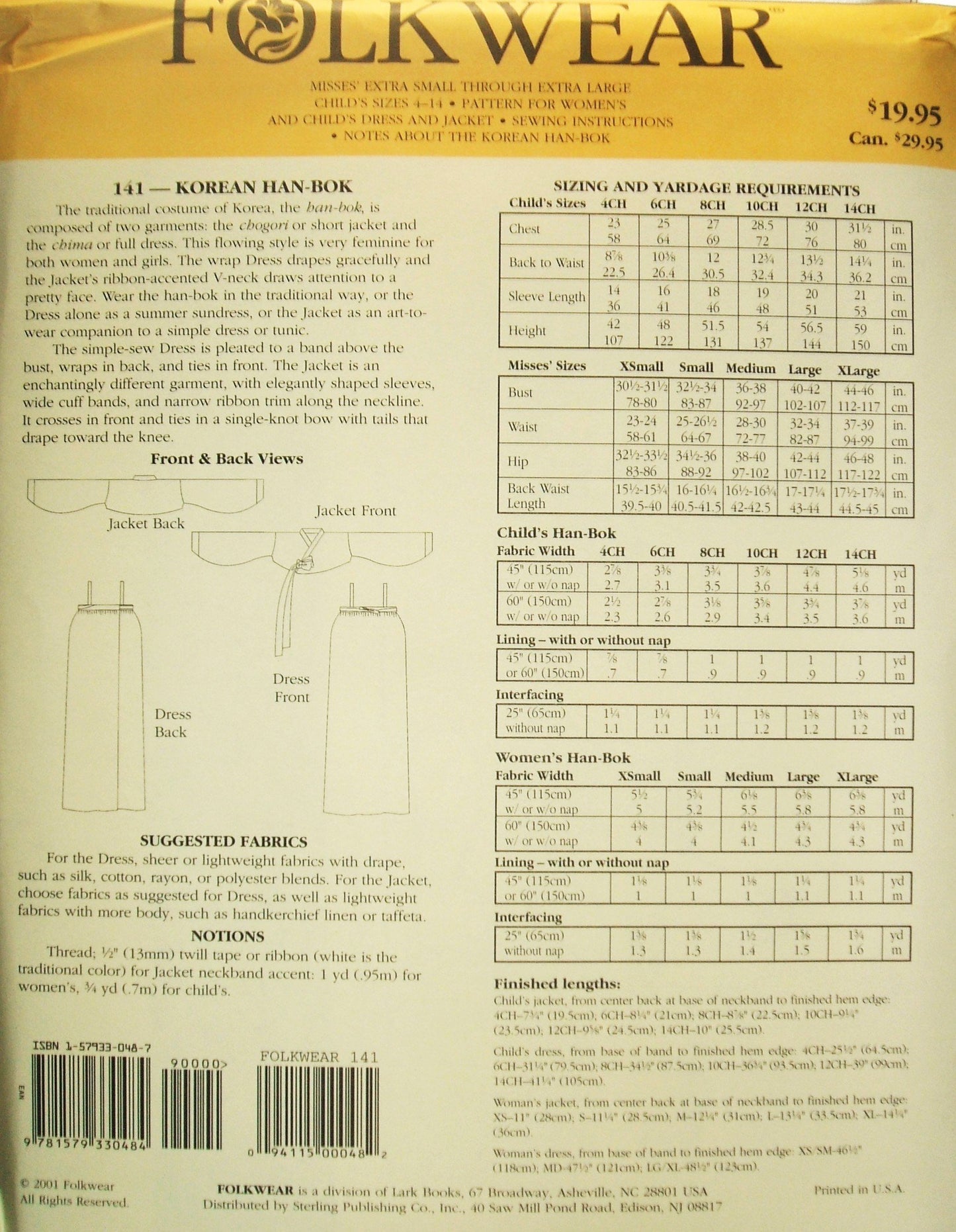 Folkwear #141 Korean Han-Bok Traditional Chogori Chima Sewing Costume Pattern