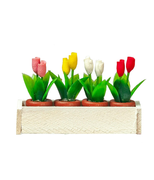 Melody Jane Dolls Houses Dollhouse White Window Box with 4 Pots of Tulips Miniature Garden Accessory