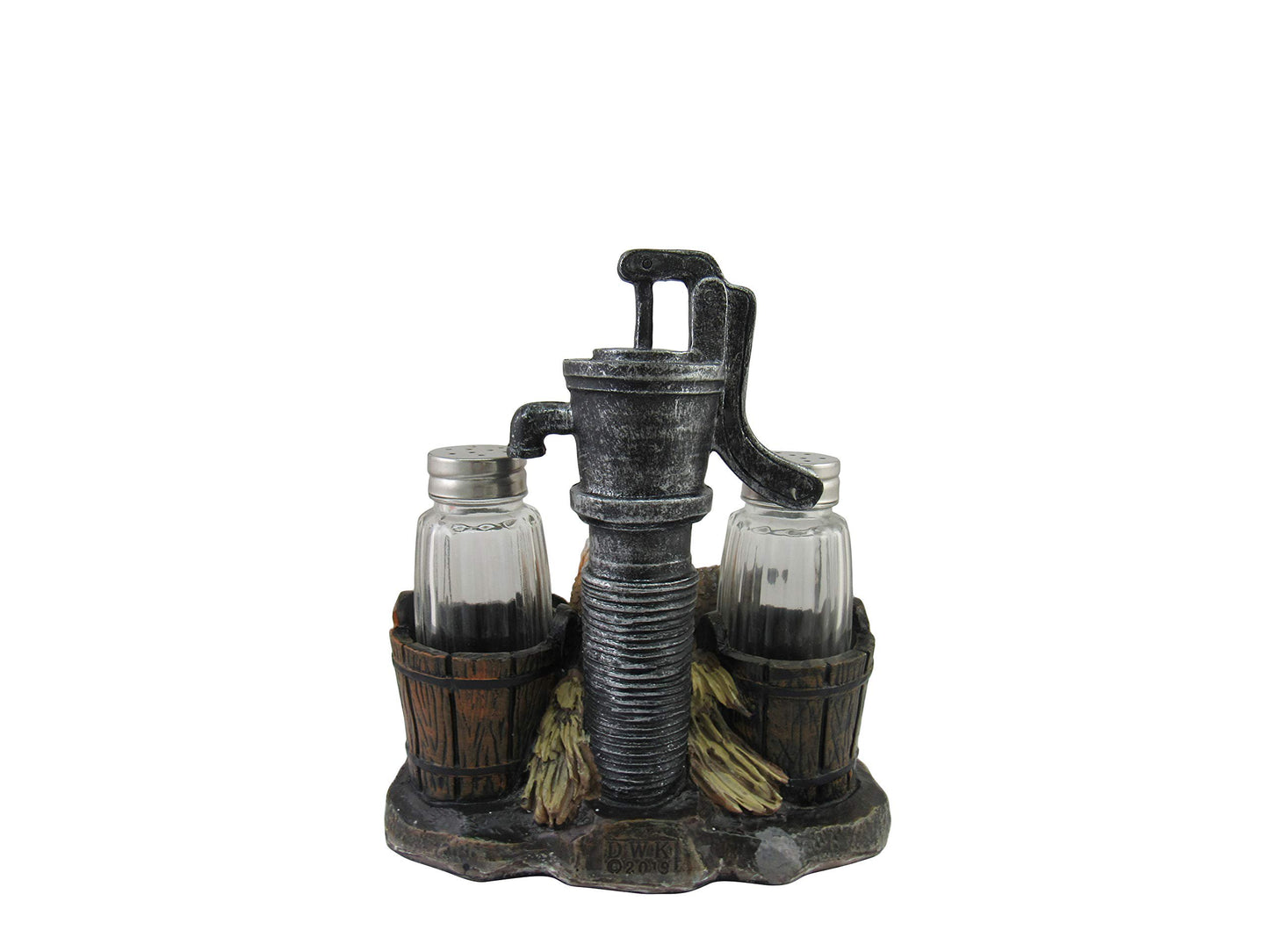DWK Farmhouse Chicken Figurine with Vintage Water Pump Spice Holder with Refillable Salt and Pepper Shakers 3 Piece Set | Rustic Salt and Pepper Shaker - 6"