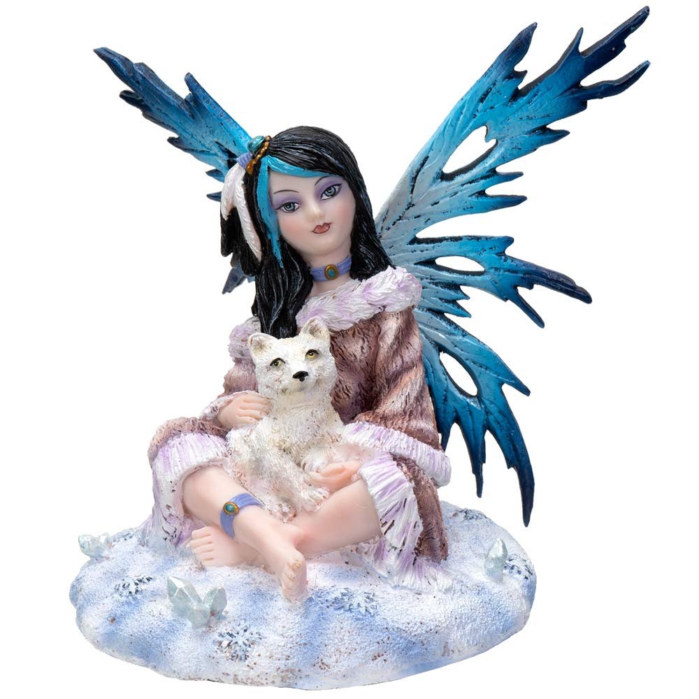 Pacific Giftware Fairyland Blue Winged Fairy with Baby Wolf Statue Figurine
