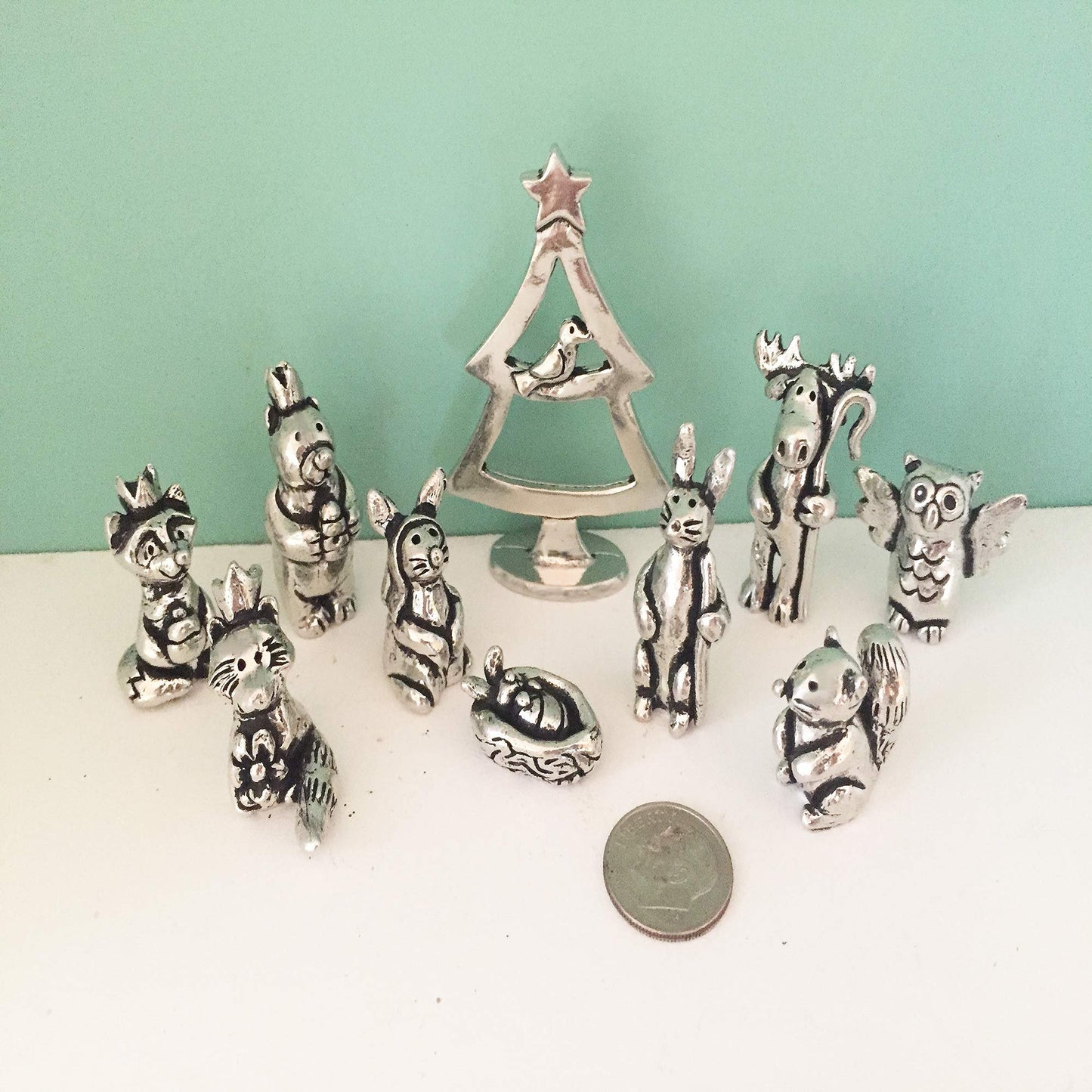 Basic Spirit Woodland Nativity Set (10 Pc) Handcrafted Pewter Figurine with Animal Moose Bear Fox Bird Rabbit Owl for Religion Home Decorative Collection