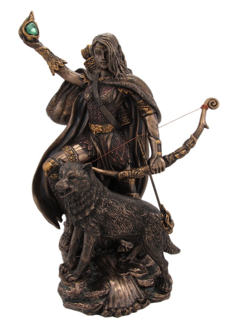 PTC Skadi Warrior with Bow and Arrow and Wolf Resin Statue Figurine