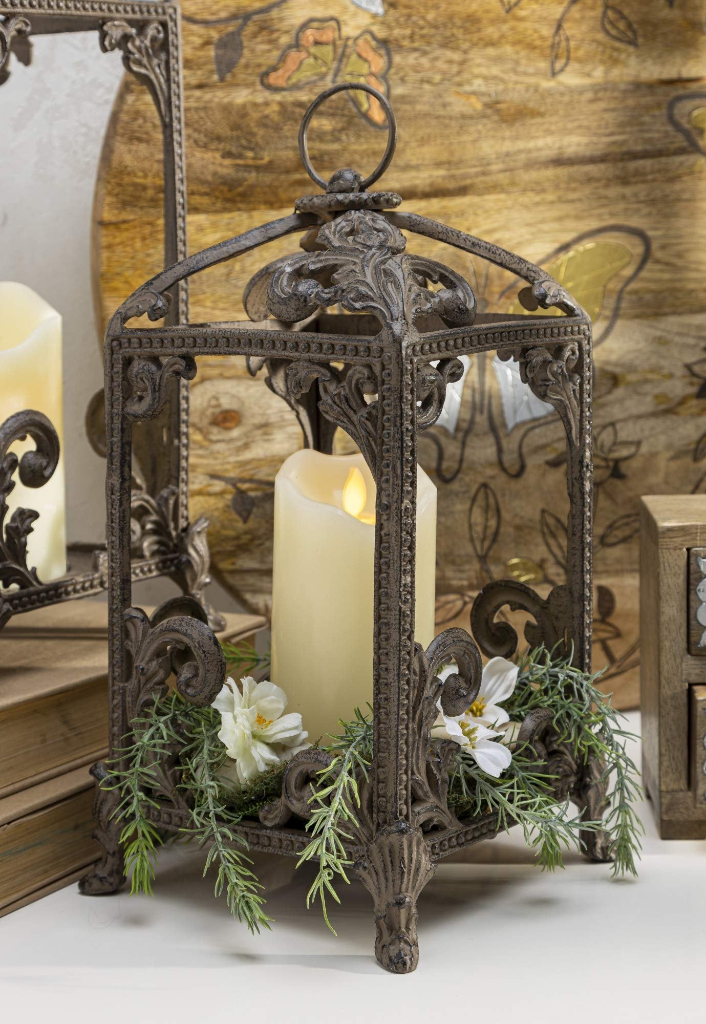GG Med Metal Lantern Home Decor, 7.25InL x 7.25InW x 14.13InH, Brown