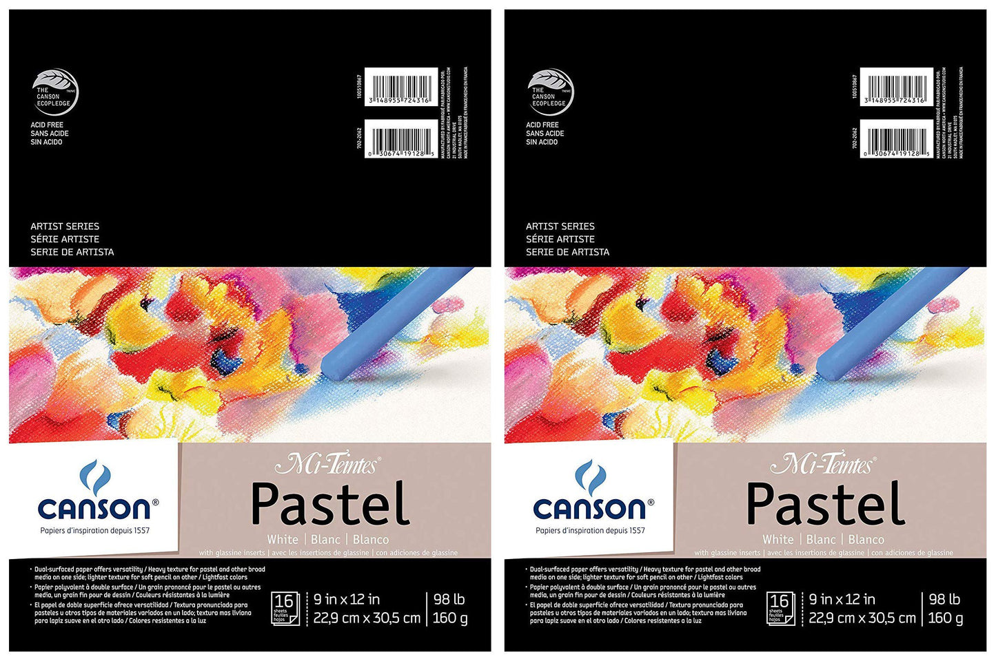 2-Pack - Canson Mi-Teintes Pastel Paper Pad, White with Glassine, Dual Sided Light and Heavy Texture, Top Wire Bound, 98 Pound, 9 x 12 Inch, White, 16 Sheets Each Pack