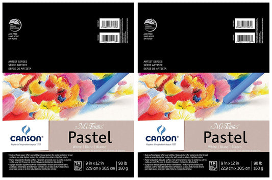 2-Pack - Canson Mi-Teintes Pastel Paper Pad, White with Glassine, Dual Sided Light and Heavy Texture, Top Wire Bound, 98 Pound, 9 x 12 Inch, White, 16 Sheets Each Pack