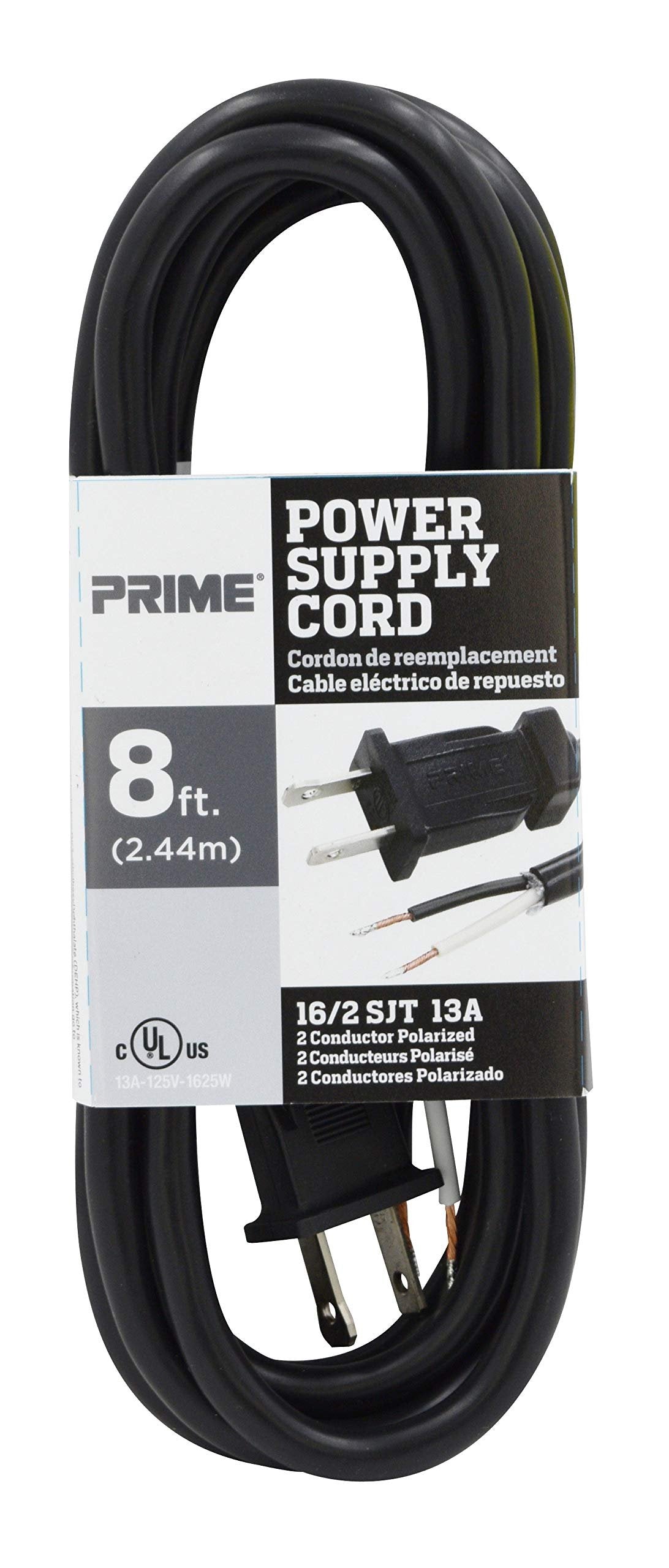 Prime PS005608 8-Feet 16/2 SJT Replacement Power Supply Cord, Black