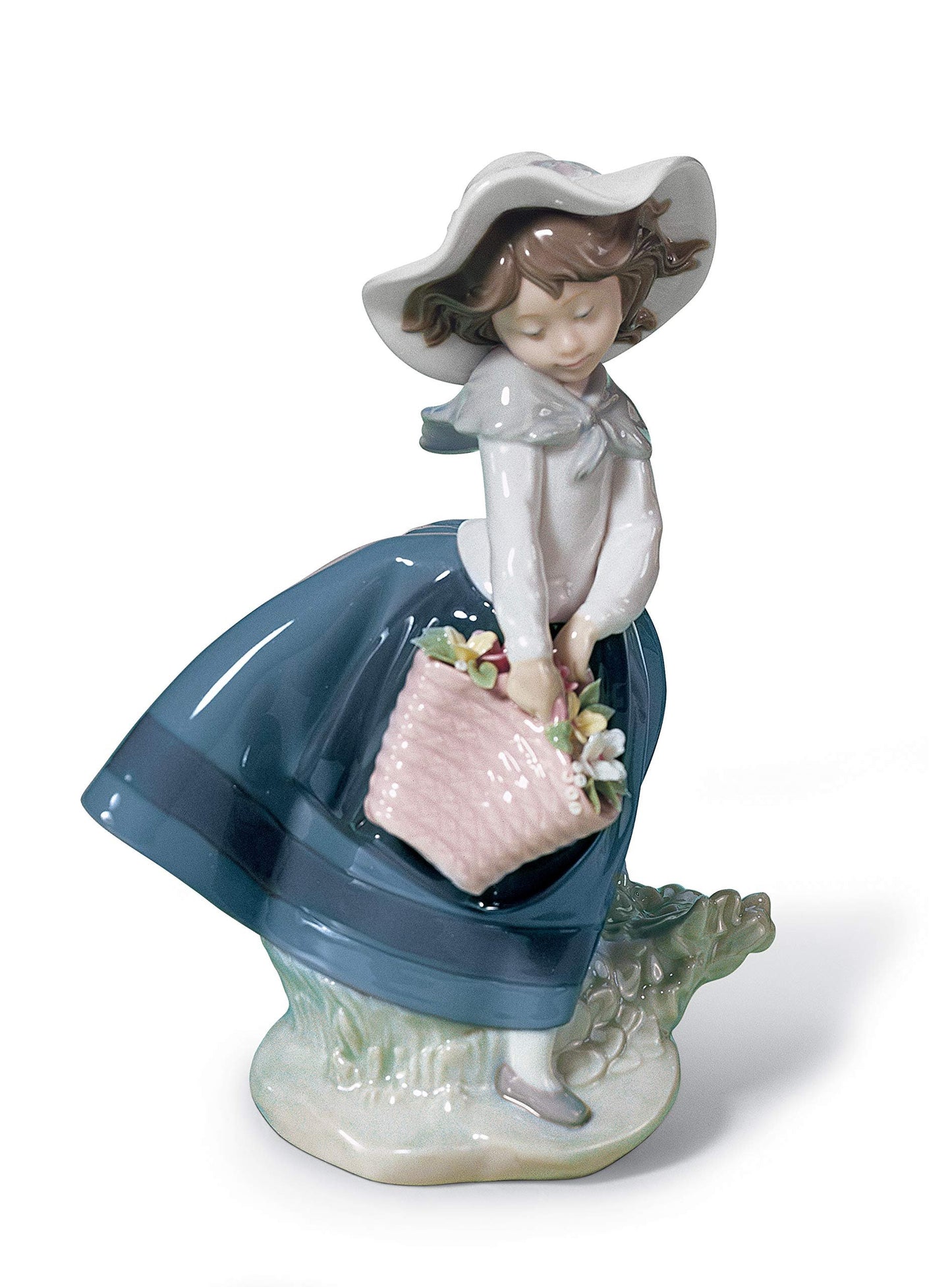 LLADRÓ Glossy Porcelain Figure Pretty Pickings of a Girl. Decorative Porcelain Figurine of a Little Girl with Flowers.