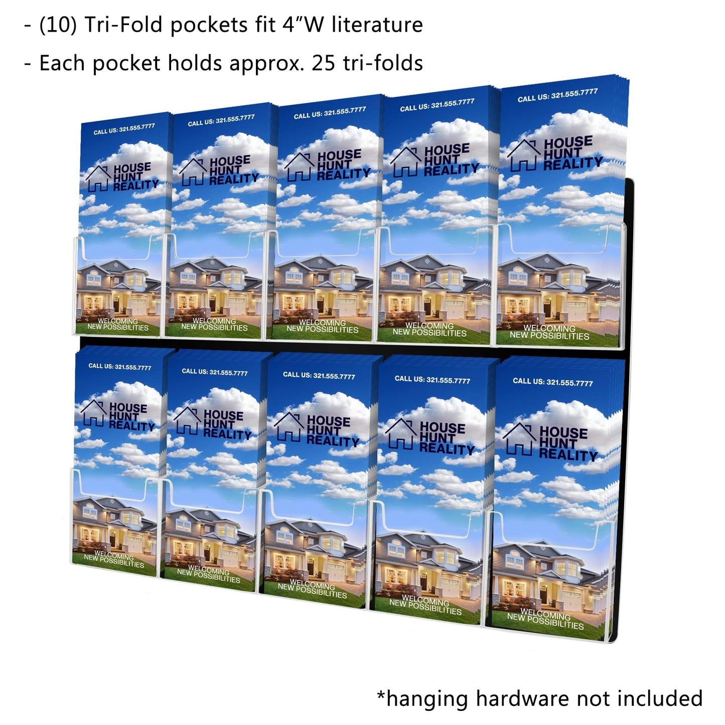 Marketing Holders Brochure Holder Wall Hanging with Hardware for 4" Trifolds 10 Slot Rack Black PVC Backing with Clear Pockets for Maps and Menus
