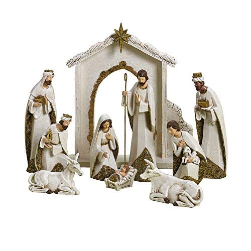 Ivory and Gold Christmas Nativity 10 Piece Set Holiday Decoration New 31379
