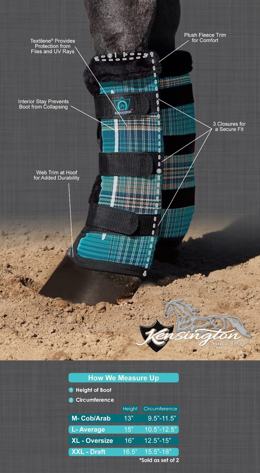 Kensington Natural Horse Fly Boots - Fleece Trimmed - Stay-Up Technology - Protection from Insect Bites and UV Rays - Sold in Pairs (2 Boots) - Medium - Tan