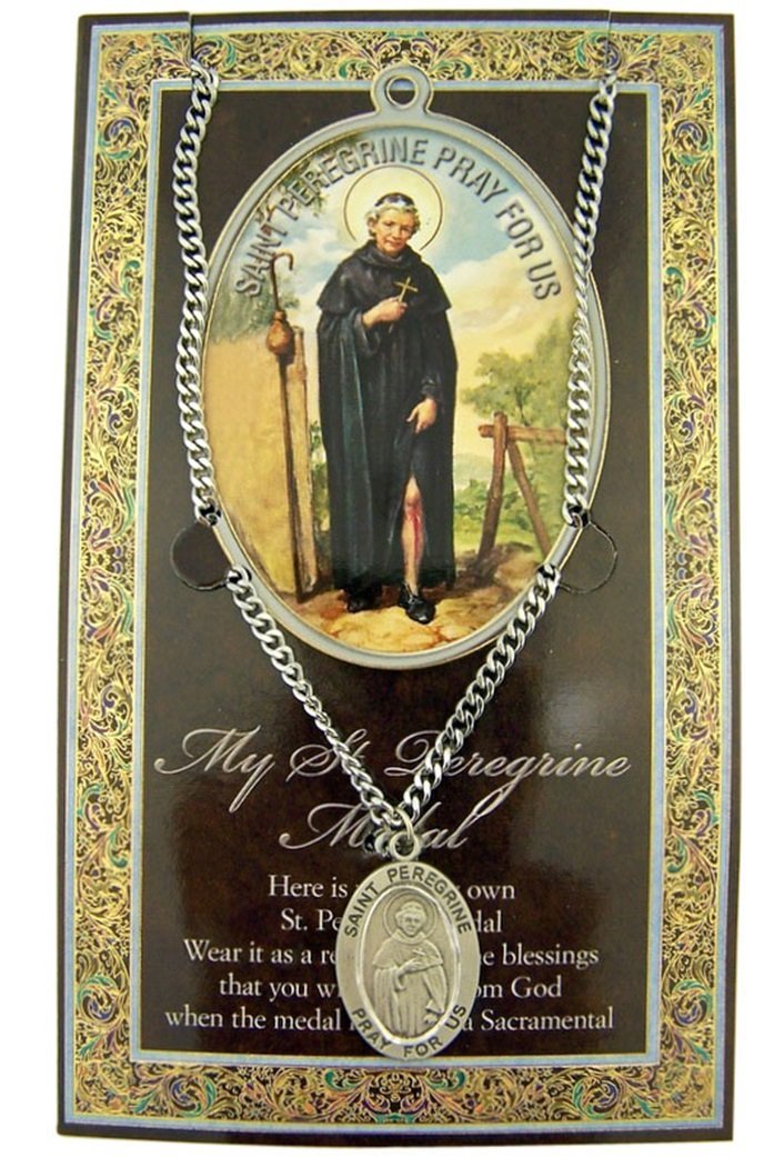 St Peregrine Pewter Oval Medal with Cont Loop Chain | Patron Saint of Cancer and Illness