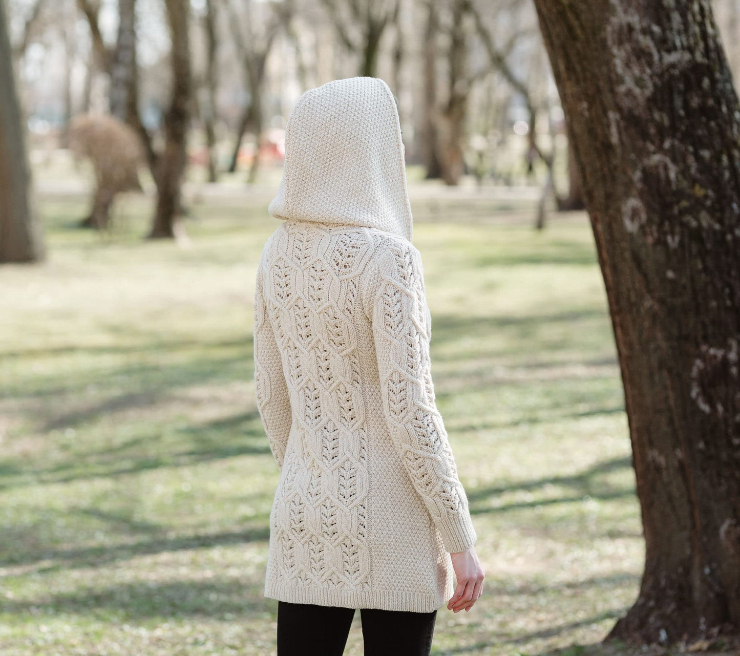 SAOL 100% Merino Wool Women Cardigan Butonned with Hood Aran Leaf Coat Made in Ireland