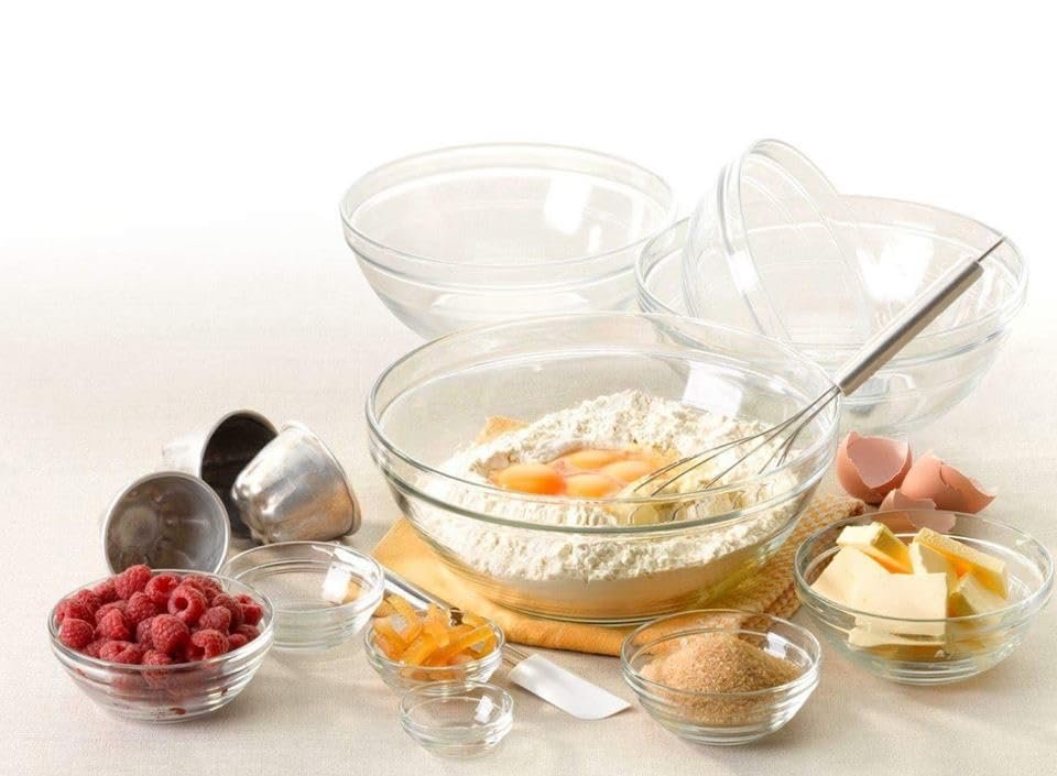 Duralex® LYS Stackable Clear Glass Mixing Bowl Set of 6, 20 cm (7 7/8 in) - Tempered Glass Bowl Set, Impact Resistant, Microwave Bowl, Serving Bowl for Salad, Soup – Made in France