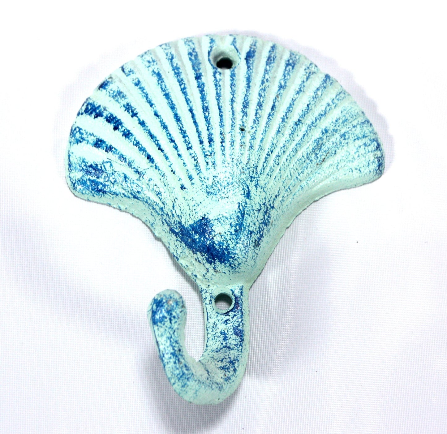 Scallop Shell Wall Hangers Cast Iron Antique Blue - Set of 3 for Coats, Aprons, Hats, Towels, Pot Holders, More