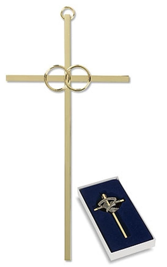 Interlocking Wedding Rings 8 Inch Brass Cross in Gift Box