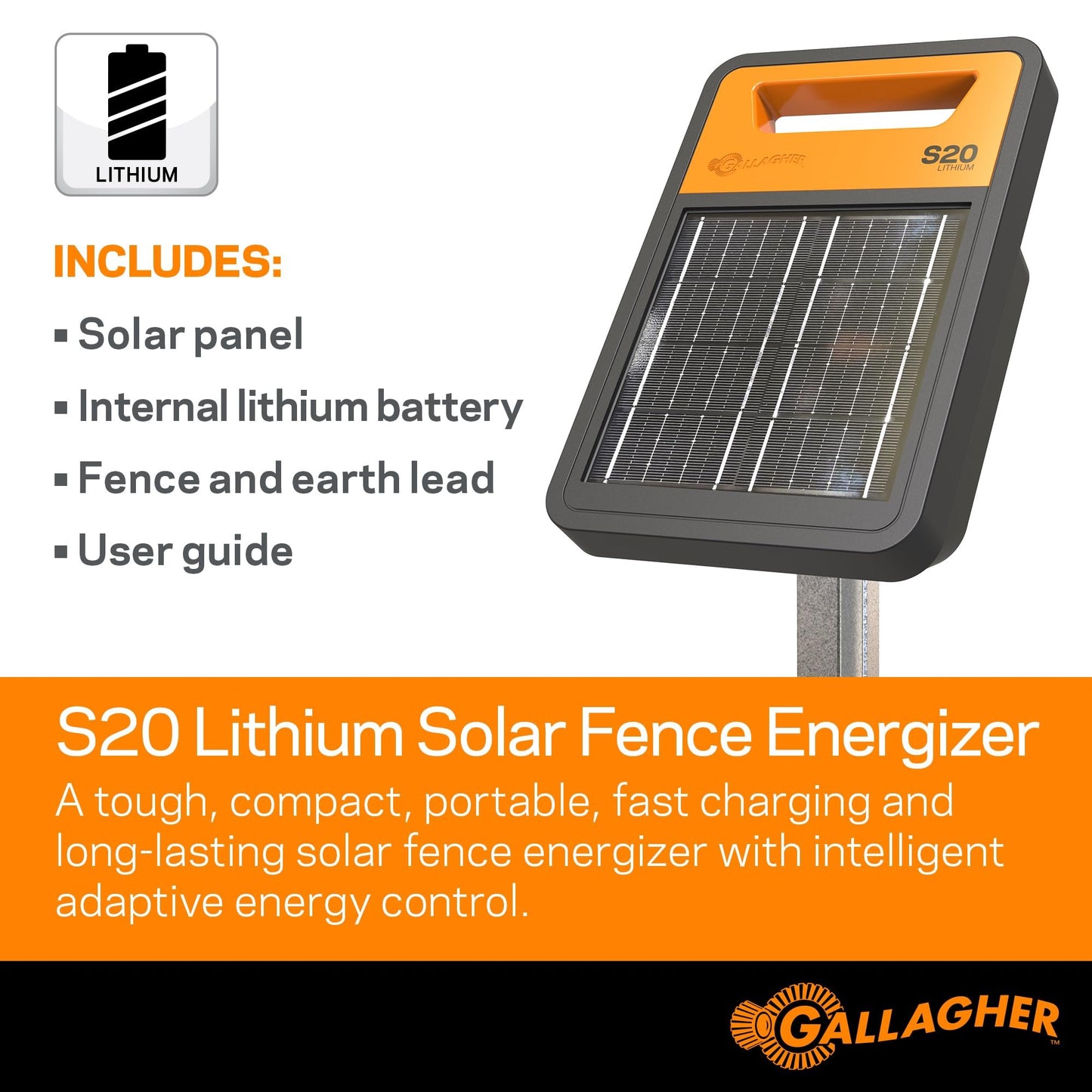 Gallagher S20 Solar Electric Fence Charger | Powers Up to 2 Miles of Typical Fence | Lithium Battery Technology | 0.2 Joule Solar Energizer for Poultry, Livestock, Gardens, and Pets