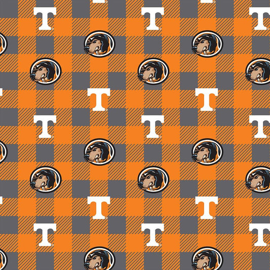 SYKEL ENTERPRISES University of Tennessee Fleece Blanket Fabric-Tennessee Volunteers Fleece Fabric with Buffalo Plaid Design
