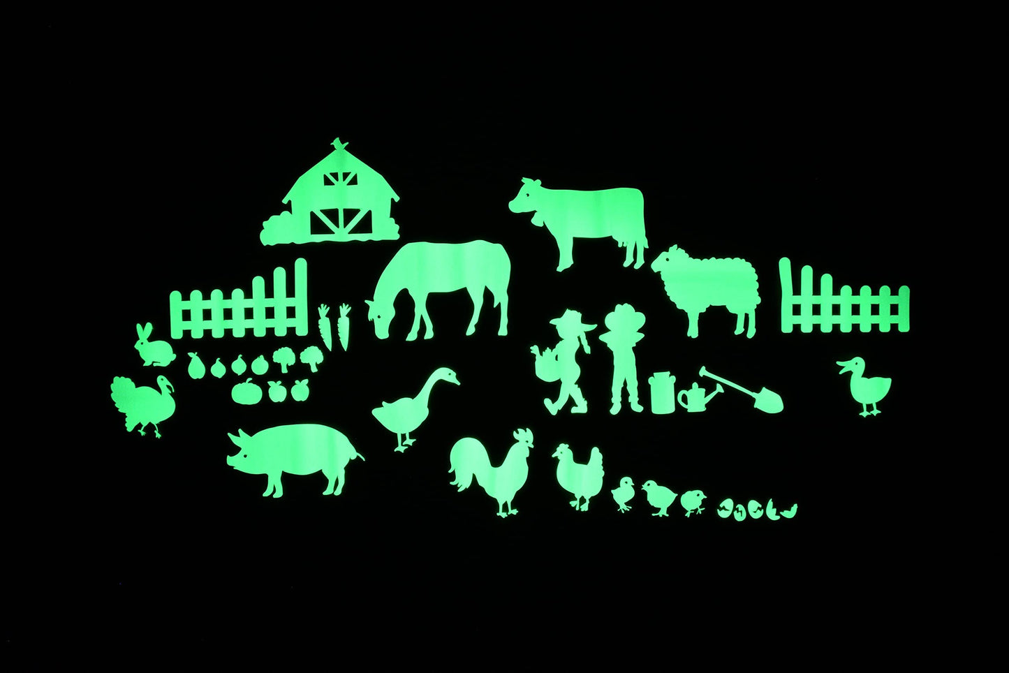 GLOPLAY On The Farm Series (36pcs/Pack), Glow in The Dark Educational Wall Stickers, The Eco-Friendly and Brightest Wall Stickers for Ceiling, Bathtime, Bedroom, Party, Decor