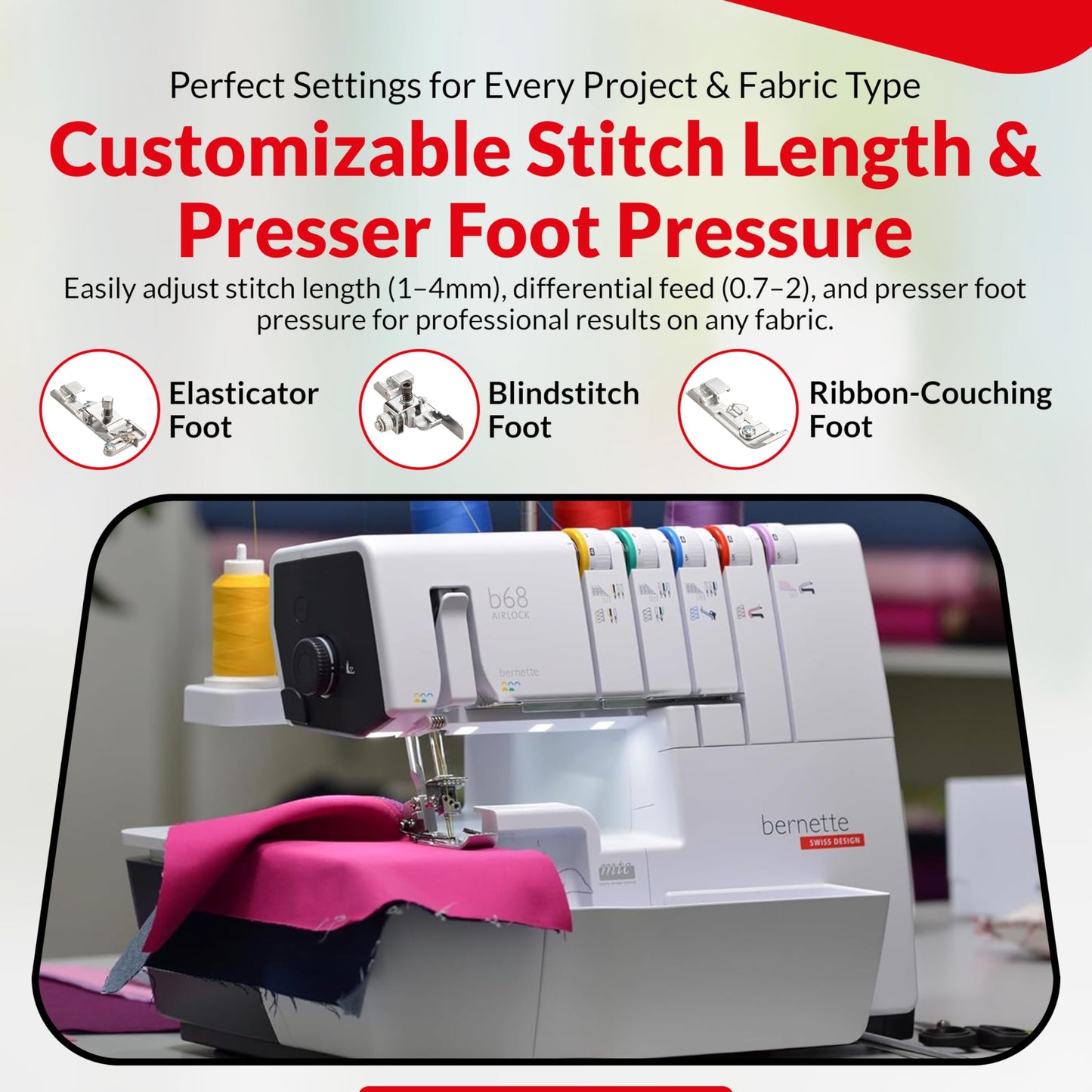 Bernette B68 Airlock Serger Sewing Machine | Adjustable Stitch Length, 1300SPM, LED Light, 5 Thread Options, Presser Foot Adjustment | Free 6 Pcs Overlock Foot Kit & 7 Pcs Coverstitch Foot Kit
