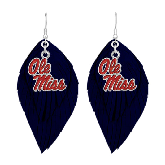 Ole Miss Rebels Navy Red Boho Leather Feather Wire Earrings Jewelry Gift