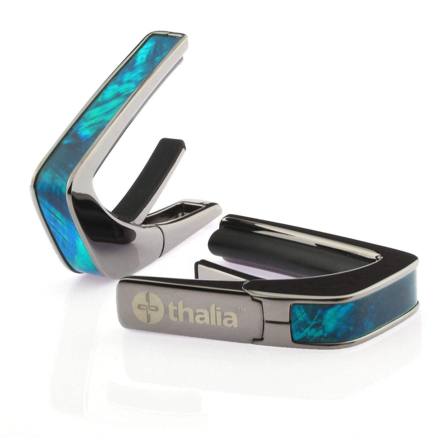 THALIA BLACK CHROME FINISH CAPO WITH TEAL ANGEL WING INLAY