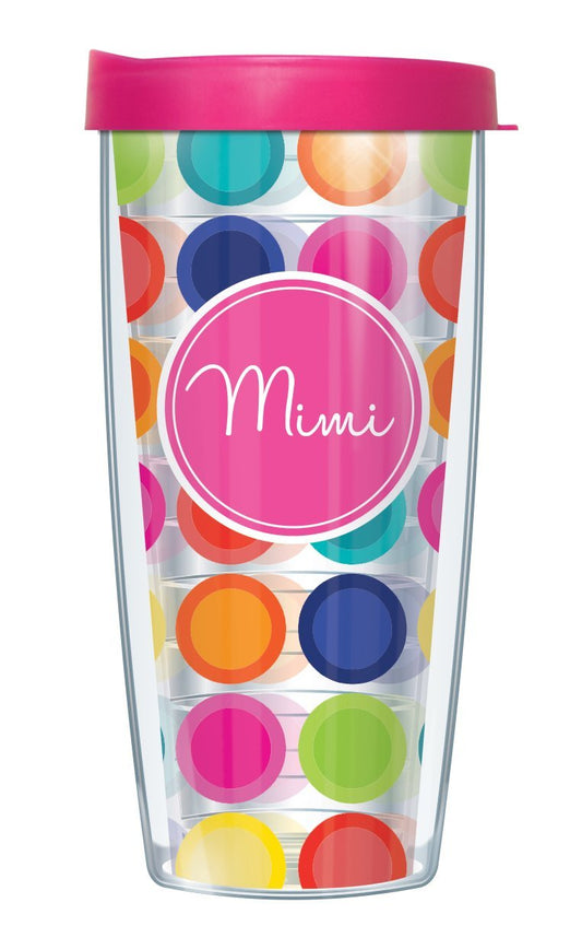 Signature Tumblers Mimi Hot Pink Insignia Wrap on Happy Circles 16 Ounce Double-Walled Travel Tumbler Mug with Hot Pink Easy Sip Lid