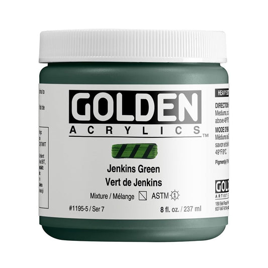Heavy Body Acrylics by GOLDEN, Jenkins Green, 8 fl. oz. Jar, Professional Acrylic Paint, Semi-Transparent