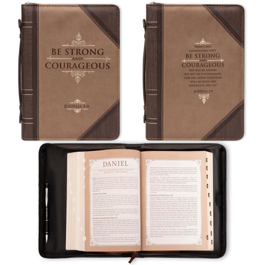 Christian Art Gifts Men's Classic Bible Cover Be Strong and Courageous Joshua 1:9, Brown Faux Leather