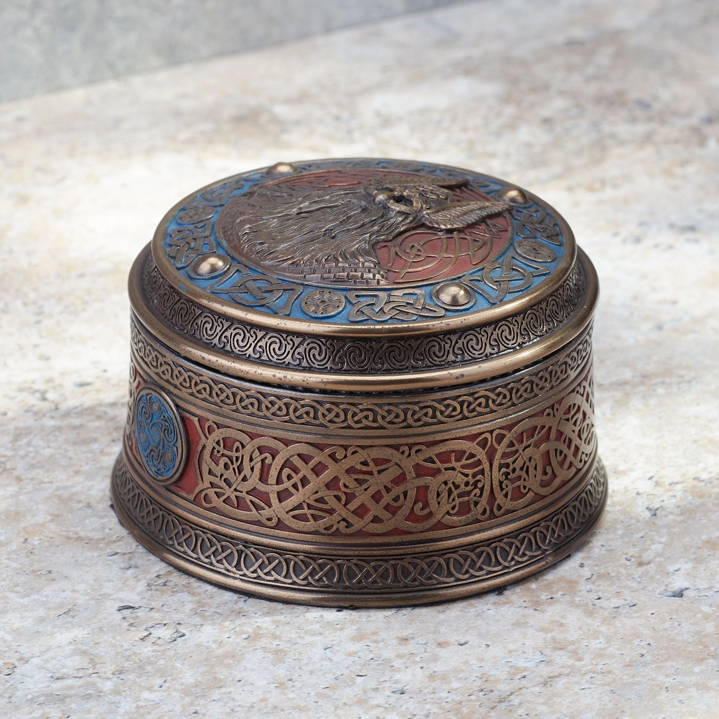 Veronese Norse God Odin Viking Round Stash Box Cold Cast Resin Bronze Finish Sculpture