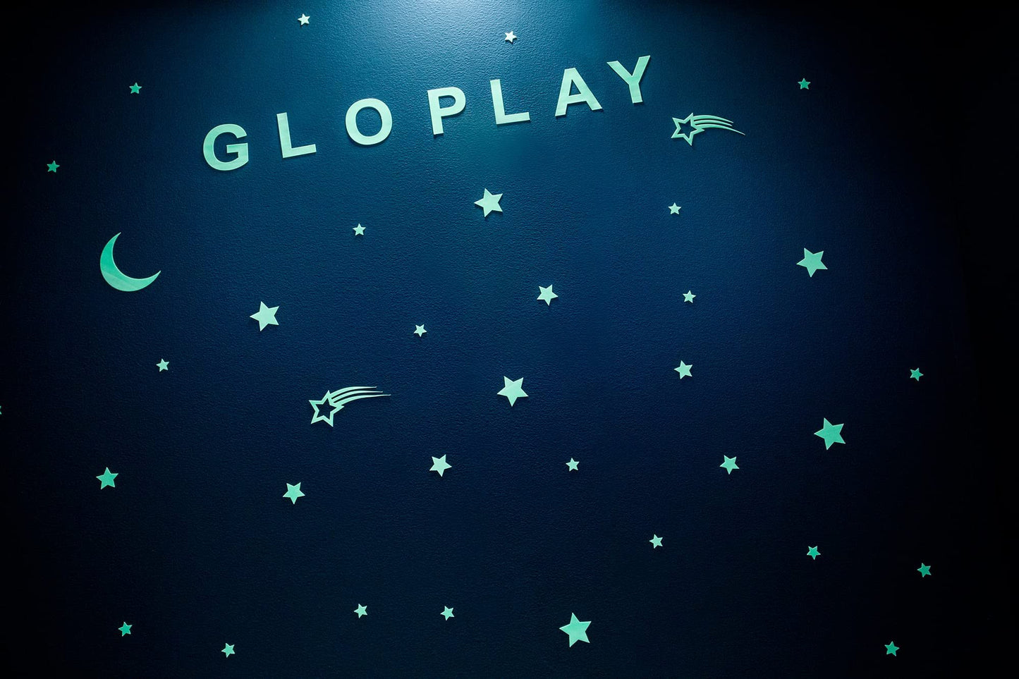GLOPLAY Alphabet (62pcs/Pack), Glow in The Dark Educational Wall Stickers, The Eco-Friendly and Brightest Wall Stickers for Ceiling, Bath time, Bed Room, Party, Decor, Made in Japan