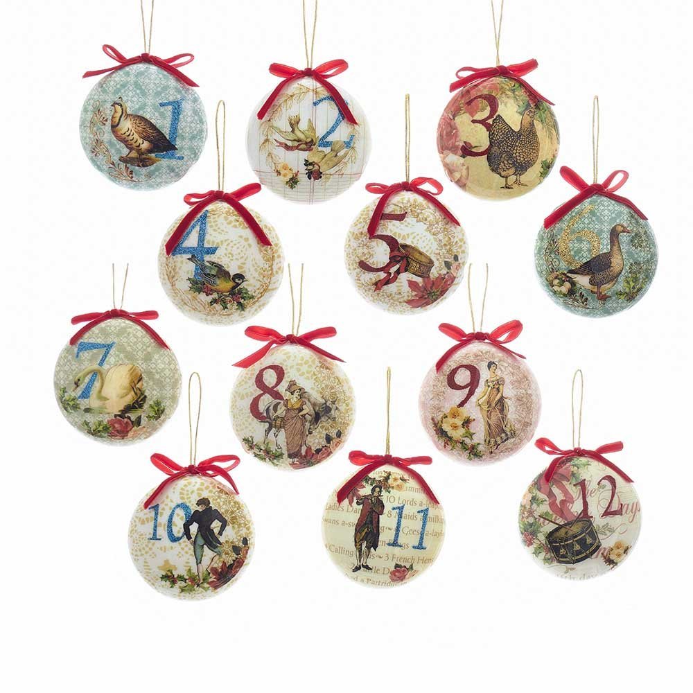 Kurt Adler 85mm Decoupage Ball Ornament Set of 12, 12 Piece for Christmas