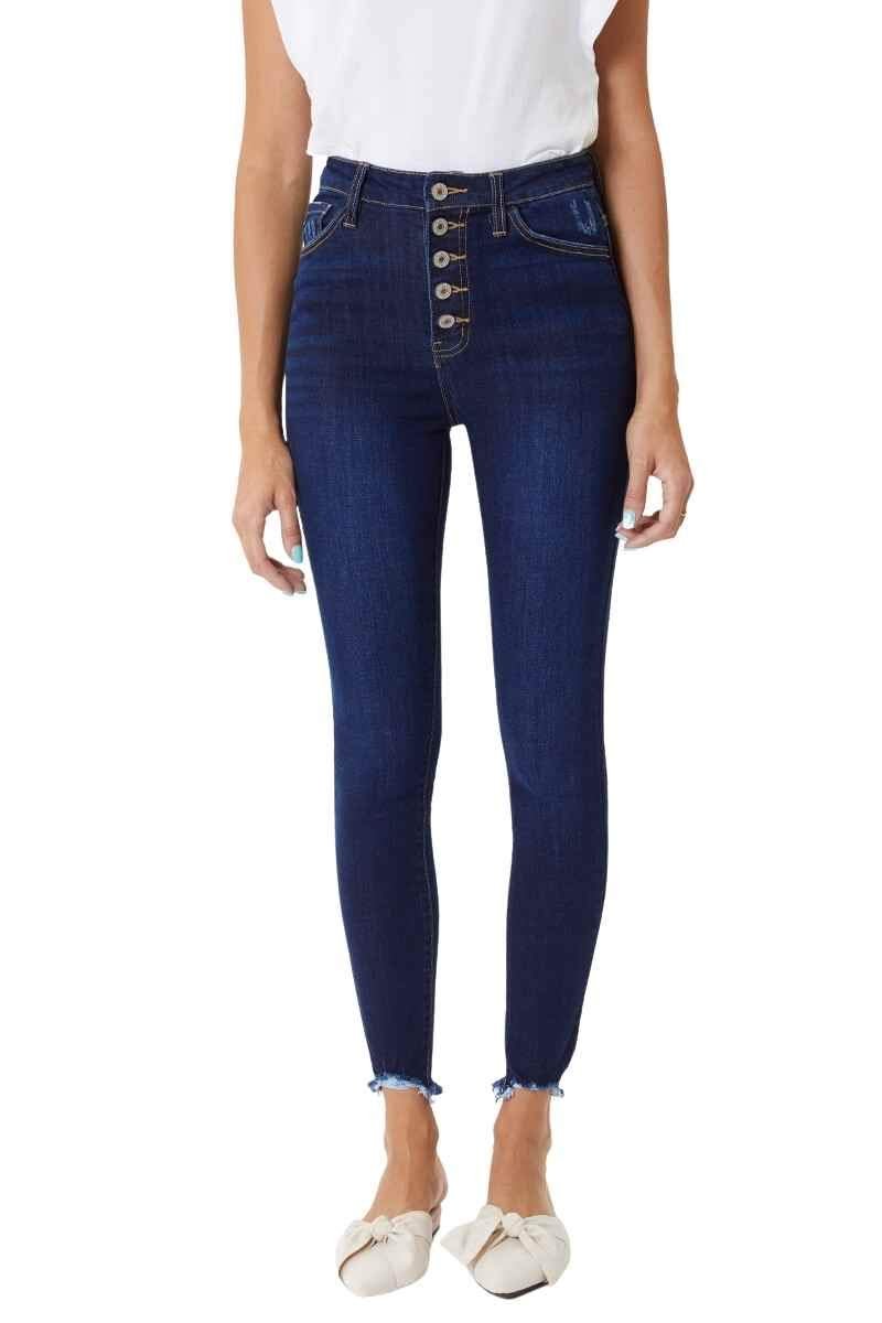 Kan Can Women's High Rise Button Fly Distressed Super Skinny Jeans