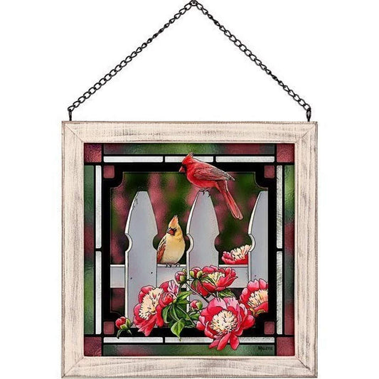 Wild Wings 5386497318 Stained Glass Art, 9-inch Height (Picket Fence Cardinals), 9 inches H x 9 inches W