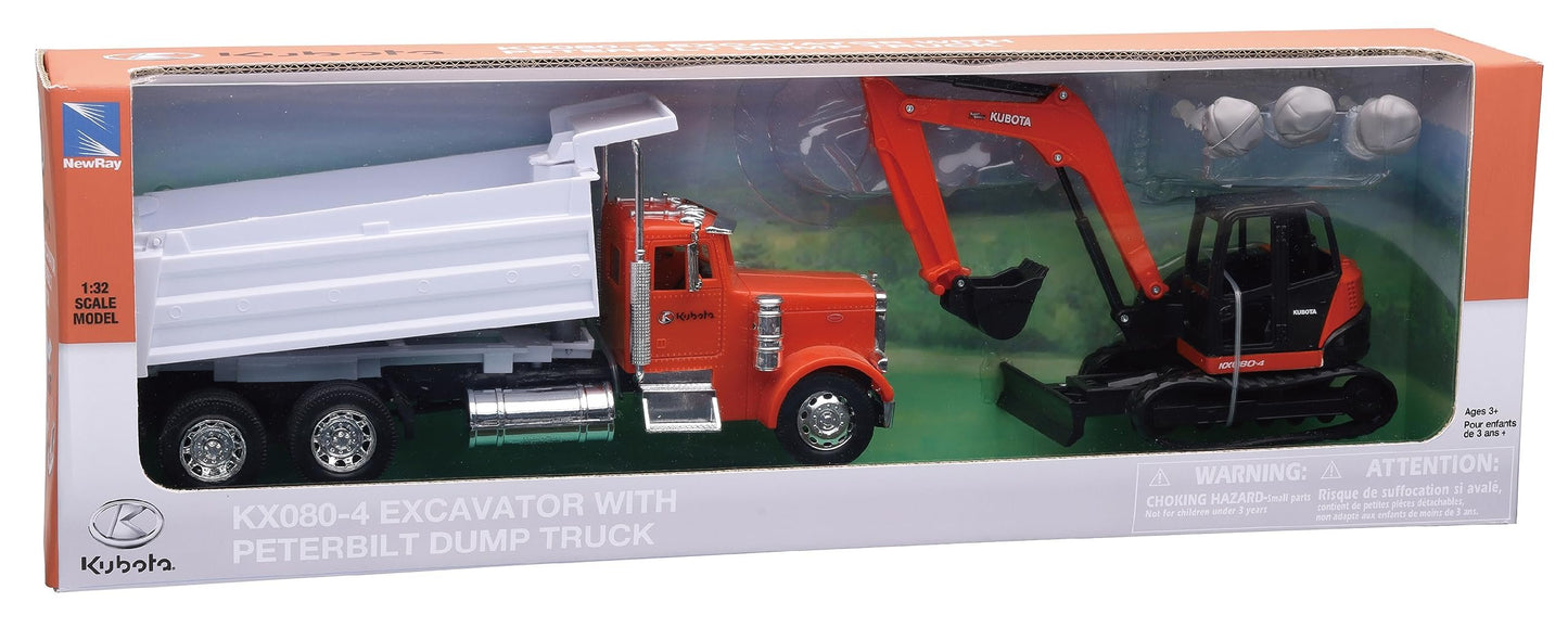 New Ray Peterbilt Dump Truck Orange and White and Kubota KX080-4 Excavator Orange and Black with Rocks 1/32 Diecast Model