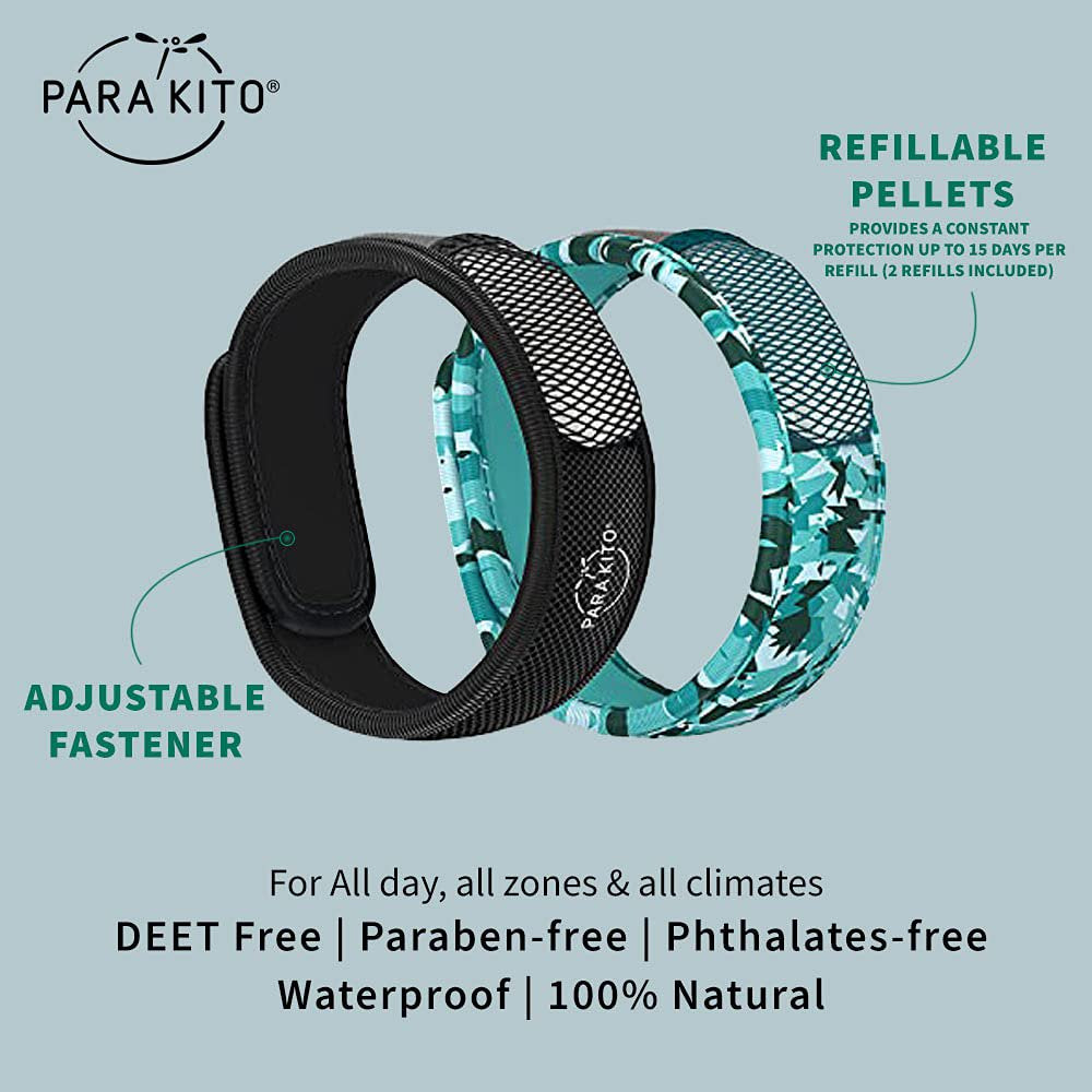 PARA'KITO Mosquito Repellent Bracelets + Refill Pellets Bundle | w/Peppermint Oil, Essential Oils | Hiking & Camping Accessories | Paraben Free, DEET Free - 2 Wristbands & 2 Refills