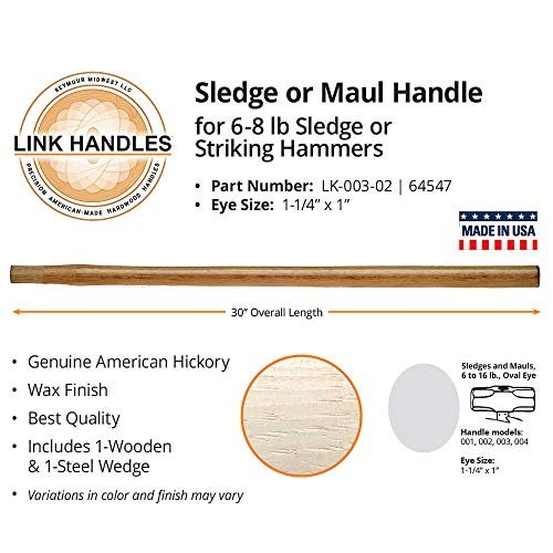 Link Handles 64547 30" Sledge Or Maul Handle, for 6 to 8 Pound Sledge Or Striking Hammers, American Hickory, Wax Finish, Grade A, Industrial Use