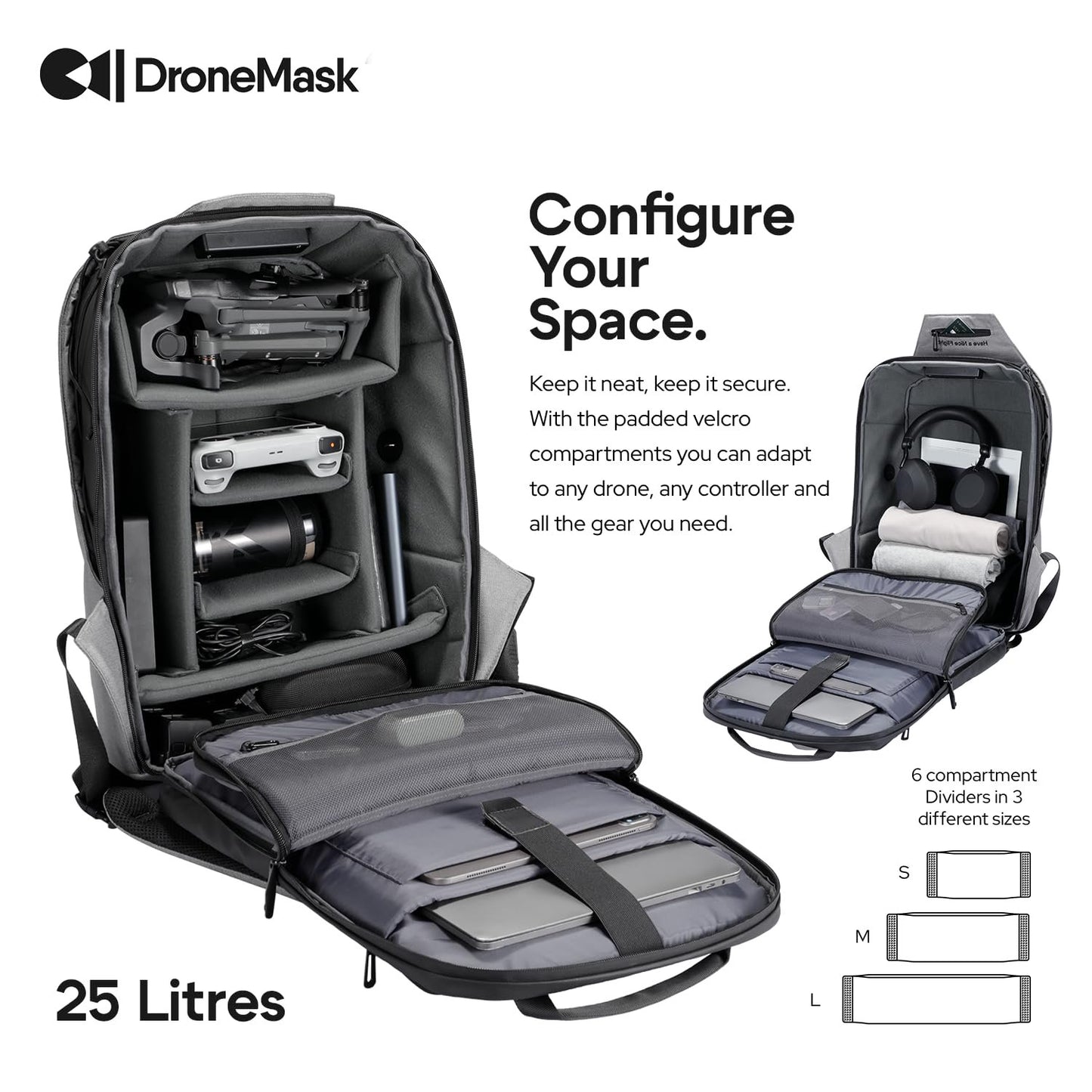 DronePack 25L customizable Travel Camera Bag with removable dividers - EARLY BIRD - Drone Backpack incl. TSA lock, fire-resistant battery pocket, laptop compartment, ergonomic straps - grey Drone Bag