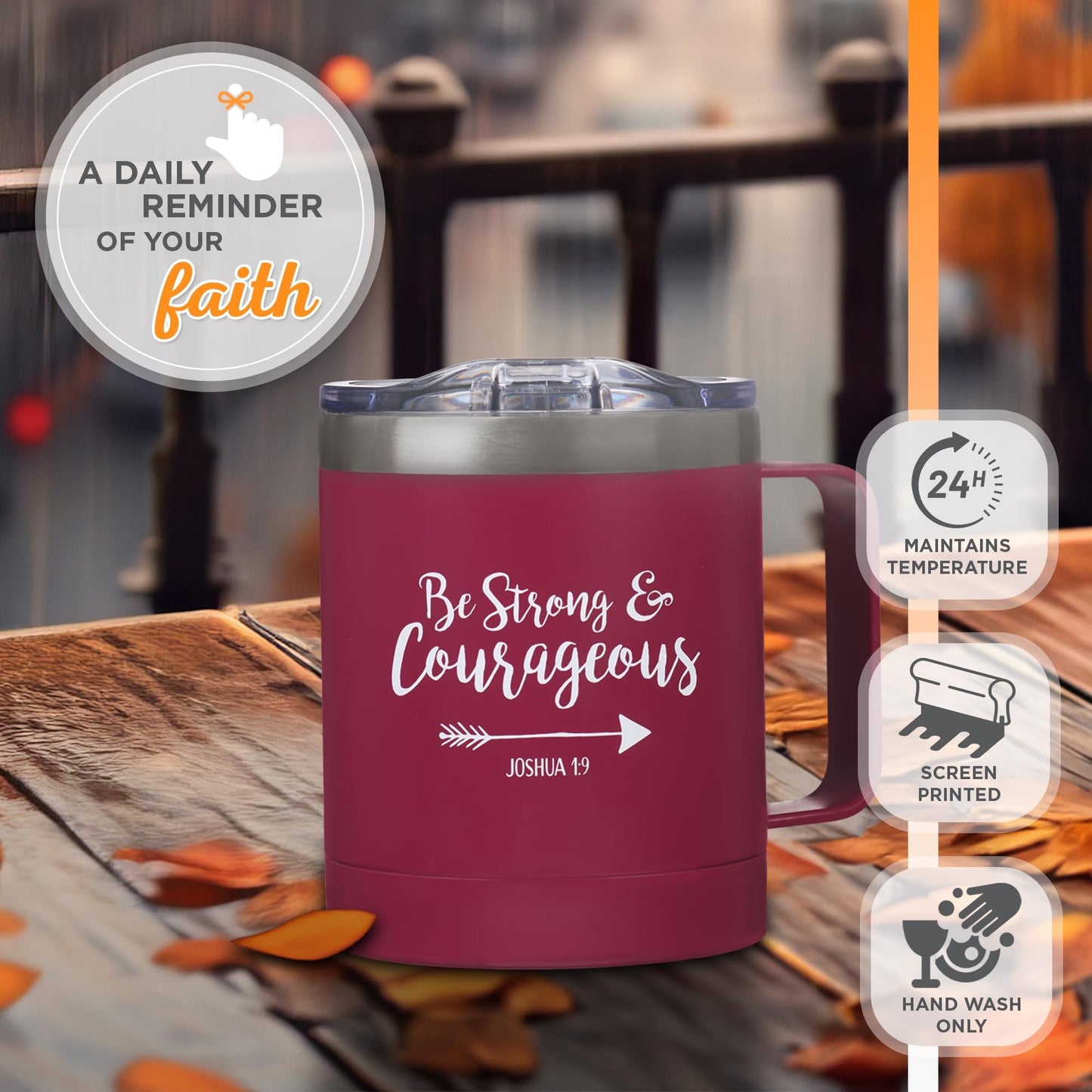 Christian Art Gifts Be Strong & Courageous Stainless Steel Magenta Mug w/Joshua 1:9 - Camp Style Travel Mug for Women and Men (11oz Double Wall Vacuum Insulated Coffee Mug with Lid and Handle)