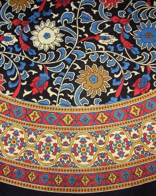 India Arts Sunflower Print Round Cotton Tablecloth 70" Yellow on Black