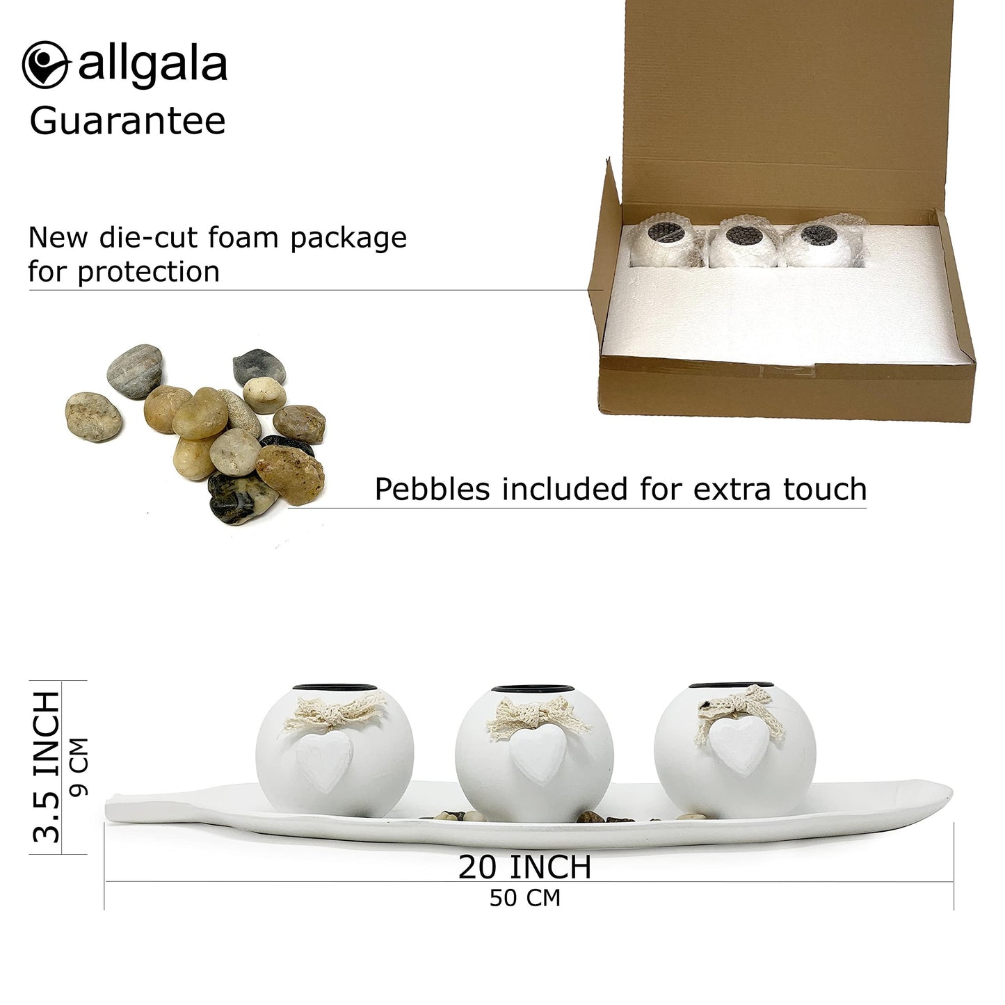 allgala Wooden Candle Holder Tray 3 Ball Orbs Set Tealight Candle Holder Centerpiece with Pebbles on Leaf Tray for Coffee Table Dining Table Accents Bowl for Living Room Décor